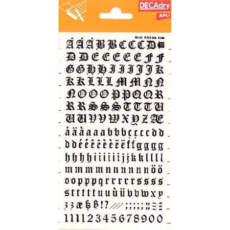 Letras y números adhesivos de tipografía antigua en color negro, con altura de 8 mm (34 pt). Cada pack contiene 1 hoja con 199 caracteres para identif