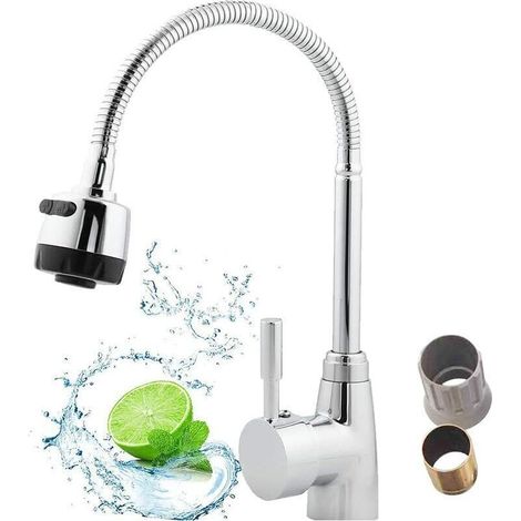 Robinet de cuisine réglable eau chaude/froide avec pulvérisateur extractible, rotation 360°, 2 modes d’écoulement, écrou plastique (1/4)