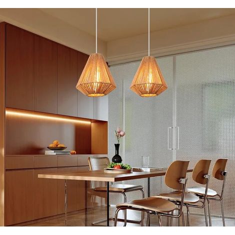 2pcs Suspension Industriel,Lustre Vintage en Rotin et Métal Abat-jour Design Géométrie Luminaire Plafonnier pour Salon Café (1/5)