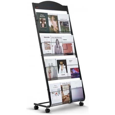Expositor de Revistas de 4 Niveles Ancho de 64,5 cm, Soporte para Folletos con Ruedas, Revistero Metálico de Pie para Periódicos, Literatura, para Tiendas, Exposiciones, Oficinas, Bibliotecas (1/5)