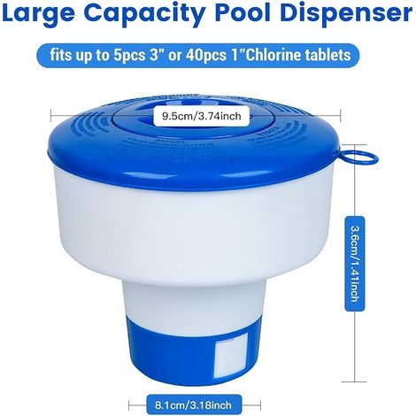 Flotteur de chlore de piscine pour tablettes de 7,6 cm, tablette de chlore de 17,8 cm de diamètre avec aérations à débit réglable, distributeur de produits chimiques équilibrés pour jacuzzi/spa (1/5)