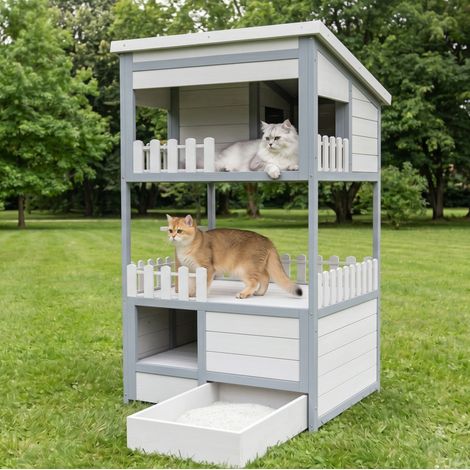 Casa para gatos de exterior de madera maciza y sisal gris, 2 niveles para descanso, rascado y juego, 68 x 64 x 124 cm (1/5)