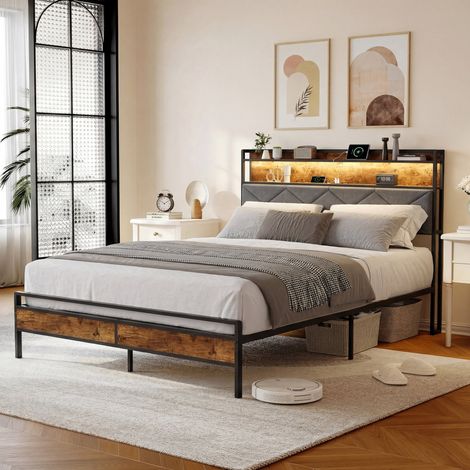 Struttura letto una piazza e mezza 140x190 cm, testiera imbottita in lino grigio, luci LED, porte ricarica USB/Type-C, struttura in metallo, marrone (1/5)