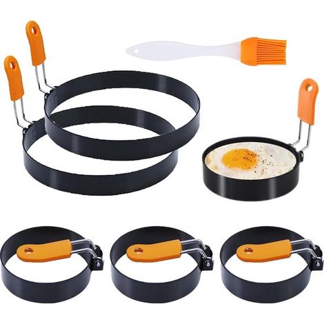 Set di 6 anelli per uova e pancake con manico in silicone e pennello per olio. Set di stampi per pancake, stampo per pancake, stampo per uova fritte, acciaio inossidabile, 4 x 8,9 cm + 2 (1/5)