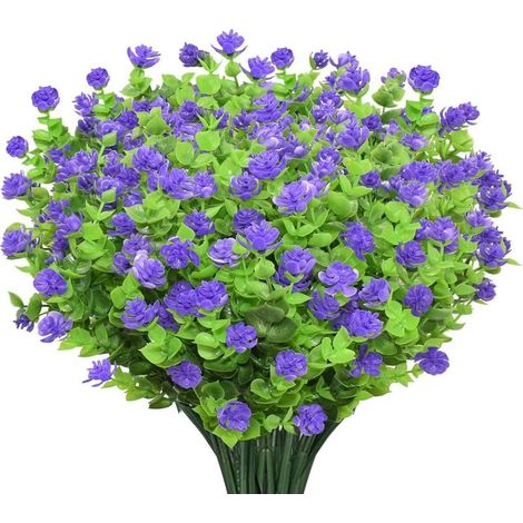 Set mit 8 künstlichen Blumensträußen, Kunstpflanzen, UV-beständigem Grün, Eukalyptussträuchern, Hängeampeln für drinnen und draußen, Lila (1/5)