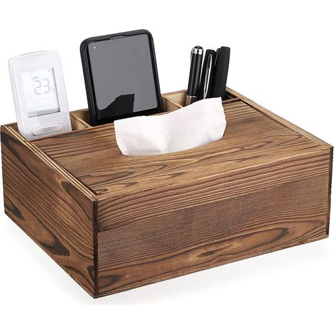 Holz Taschentuchbox mit 3 Fächern, Organizer für Fernbedienung, Stifte, Braun (1/5)