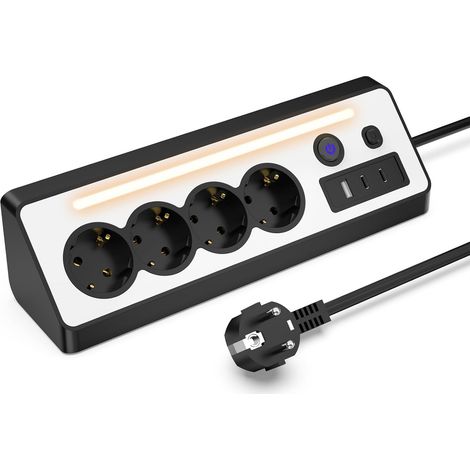 Multiprise 4 prises avec USB et 2 ports Type-C - Multiprise d'angle avec interrupteur pour plan de travail de cuisine, Noir (1/5)
