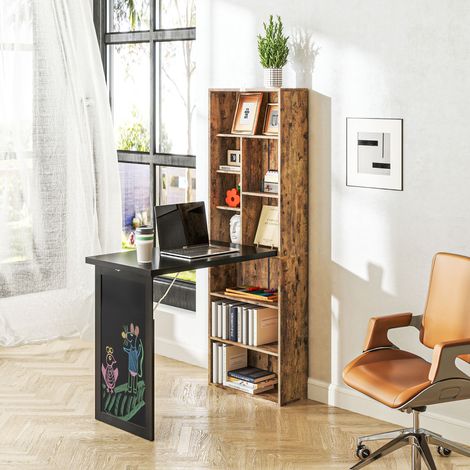 Klappbarer Computertisch mit Bücherregal, Arbeitsplatz, Tafel und verstellbarem Regalboden, 98 x 51 x 153 cm, braun