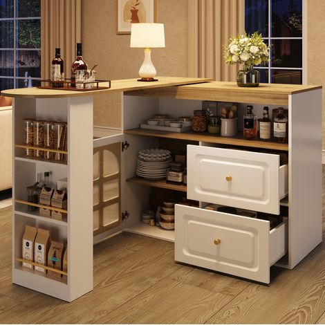 Buffet pivotant 138-204/39/104 cm blanc avec vitrine en verre, tiroirs et rangements (1/5)