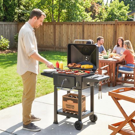 Holzkohlegrill, tragbarer Smoker mit Belüftung, Thermometer und Seitenablagen, Schwarz