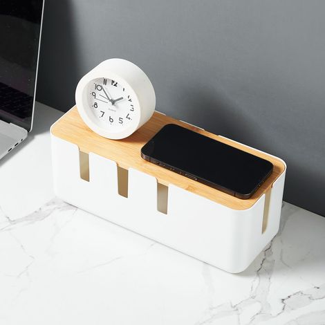 Boîte De Rangement Câbles - ABS Et Bambou - 2 Ports Entrée/Sortie - Pour Multiprise Chargeur USB Ordinateur - Blanc - 1 Pièce (1/5)