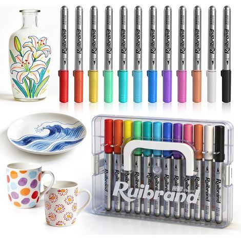 Stylos en porcelaine résistants au lave-vaisselle, set de peinture en céramique 12 couleurs Stylos en céramique résistants au lave-vaisselle pour la peinture de poterie, tasses, verre (1/5)