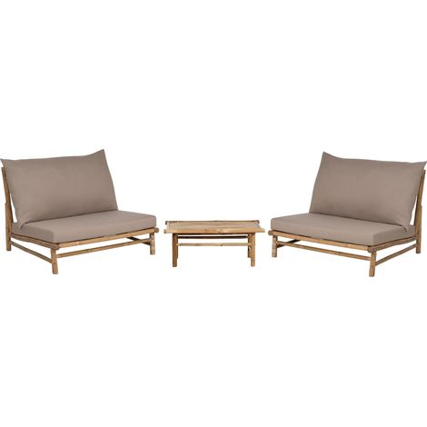 Set de Jardin 2 Places Table Basse et Chaises avec Coussins d'Assise et Dossier pour Intérieur et Extérieur Bois Clair et Taupe Todi