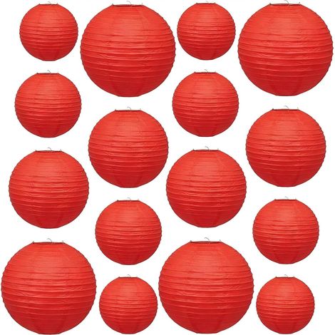 Lanternes Rondes en Papier - Lot de 16 - Style Chinois Peint Main - Décoration Lumineuse - Intérieur Extérieur Fêtes - Rouge (1/5)