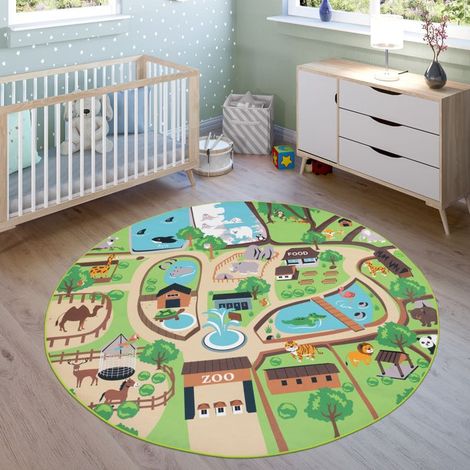 Paco Home Tapis pour enfants, tapis de jeu pour chambres d'enfants, zoo avec tigre, ours, lion, coloré Beige 200 cm rond (1/4)