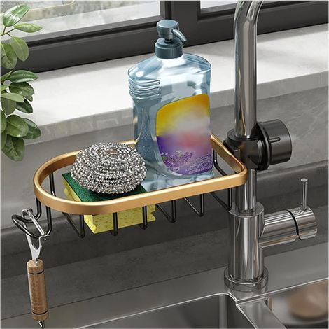 Soporte para esponja de grifo de cocina, jabonera colgante con gancho, no requiere perforación, organizador de fregadero de aleación de aluminio, estante de almacenamiento para fregadero, estante de d (1/4)