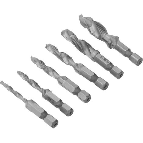 Lot de 6 tarauds combinés à queue hexagonale, flûte hélicoïdale, acier rapide, outil de filetage argenté (1/5)