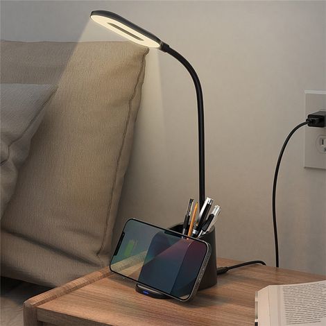 Lampe De Bureau - Lampe À Led Avec Chargeur Sans Fil 15 W - Protection Des Yeux - Alimentation Usb - Support Pour Stylo - Pour Bureau Chambre Et Dortoir - 1 Pièce (1/5)