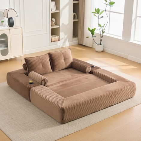 FloraGrace Sofa modulable 2 places, 180 x 98 x 80 cm, cordon brun, avec poches latérales et porte verre (1/5)