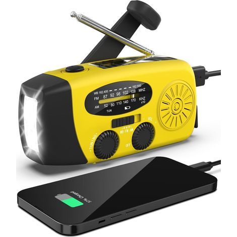 Radio météo solaire d'urgence, kit anti-sismique, manivelle, auto-alimentée, AM/FM/WB, radio de survie à manivelle, lampe torche LED, batterie externe 2000 mAh pour iPhone et smartphones (jaune) (1/5)