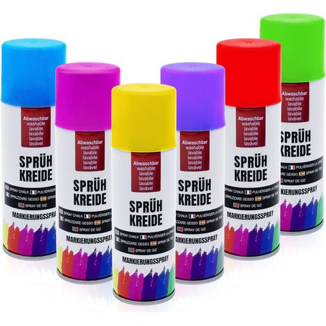 Sprühkreide wasserlöslich 100 ml Dose - 6er Set - Kreidespray in 6 verschiedenen bunten Farben - Flüssigkreide Markierungsspray abwaschbar