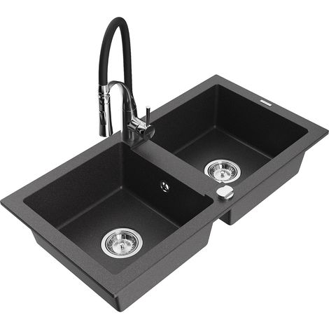 Mexen Mario lavello in granito a 2 vasche con miscelatore cucina Aster, nero maculato - 6504-76-73450-07 (1/5)