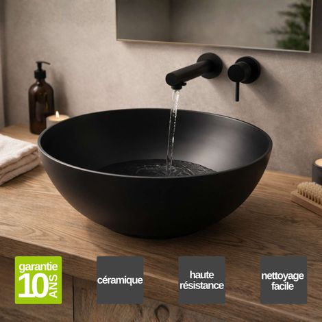 Vasque à poser ronde en céramique noir mat Ø41 cm, Profondeur 14,5 cm – SANIZEO ATE - Idéale pour salle de bain moderne (1/5)