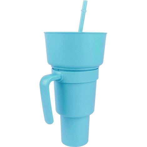 Gobelet 2 en 1 avec paille, grande ouverture, en plastique, pour boissons et collations, idéal pour le cinéma, la maison et les voyages (bleu clair). (1/5)