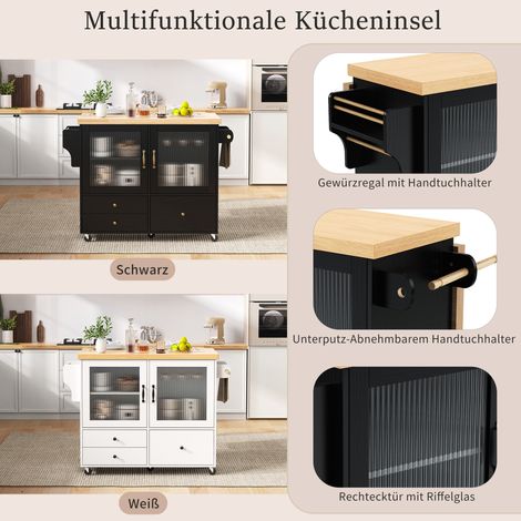 Cuisine roulante avec plan de travail escamotable, chariot de cuisine à roulettes avec porte-bouteilles et rangement, table extensible pour repas, idéal pour cuisine et salle à manger (Noir) (1/5)
