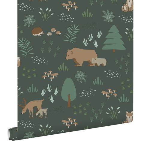papier peint forêt avec des animaux de la forêt vert foncé  - ESTAhome (1/5)