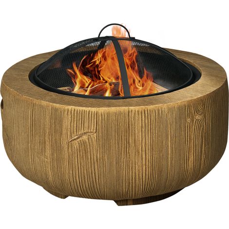 Outsunny Feuerschale, Feuerstelle mit Deckel, Feuerkorb mit Schürhaken, im Baumstumpf-Design, für Garten, Camping, Terrasse, Stahl, MgO, Braun