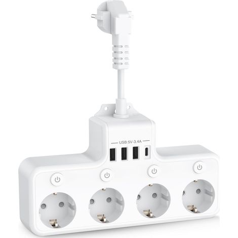 8-in-1-USB-Steckdosenleiste, 4 Steckdosen mit 4 USB-Anschlüssen, Reiseladegerät (5 V/3 A, 5 V/2,4 A), 3680 W 16 A Steckdosenleiste mit 4 einzelnen Multischaltern für Zuhause und das Büro, weiß.