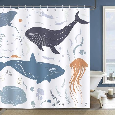 Duschvorhang mit Wal- und Fischmotiv (180 x 180 cm), Kinderbadevorhang, Polyestergewebe, schimmelresistent, wasserdicht, waschbar (1/4)