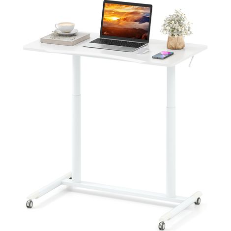 Table Roulante pour Lit Canapé 95x52cm, Bureau Debout Réglable en Hauteur, Table d'Appoint en Forme C sur Roulettes Verrouillables, Blanc (1/5)