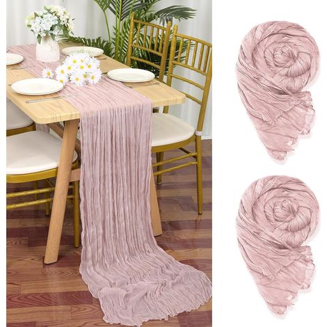 Lot de 2 Chemins de Table en étamine en Rose, 90 x 300cm en Tissu de Gaze Rustique,Rose décoration de Table de Mariage Nappe pour fête de Douche Nuptiale décorations de Table