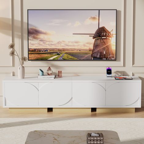 Meuble TV Scandinave 175x40x42 cm - Banc TV avec Multiprise Intégrée, Portes Cannelées en Relief et Étagères Réglables - Blanc (1/5)