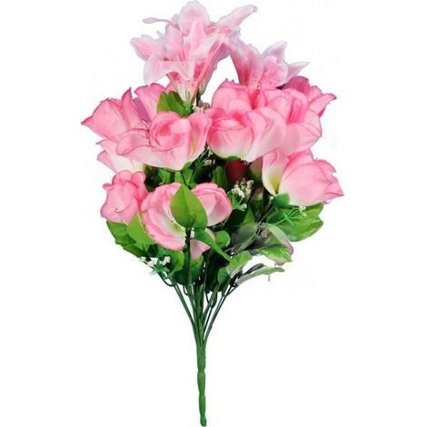 Bouquet di fiori artificiali misti di rose e gigli, altezza 54 cm, colore rosa chiaro. (1/3)