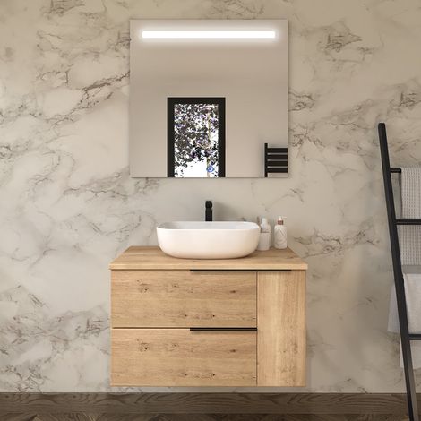 Meuble de salle de bain avec vasque à poser arrondie - roble (chêne clair) - KING et miroir Led STAM - 80cm (1/5)
