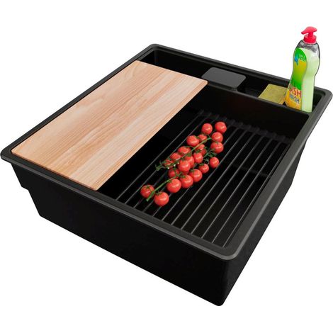 PRIMAGRAN Evier Cuisine en Granit 48x53cm,Lavabo 1 bac + Kit de Vidage + Accessoires, Évier à Encastrer au meuble 50cm - New York, Tout Noir (1/5)
