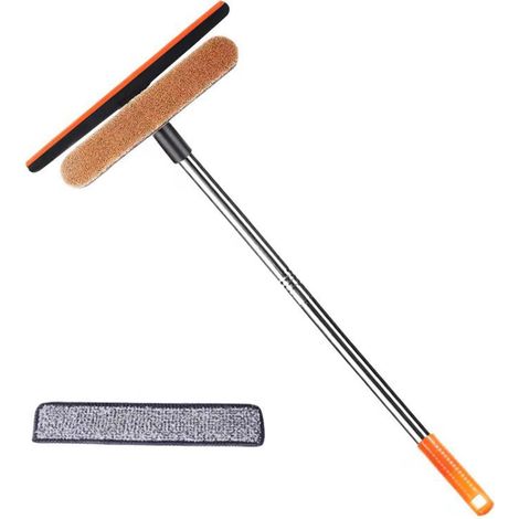 110 cm Fensterreiniger mit Teleskopstiel, 27 cm Fensterabzieher und 21 cm Mikrofaserbürste, 2-in-1 Reinigungsset für Glasduschtüren, Fenster und Spiegel (1/5)