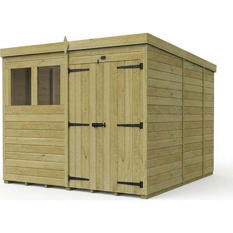 8ft x 9ft Pent Garden Shed Double Door With Windows - Pressure Treated Timber - L244 x W274 x H210 cm - Natural