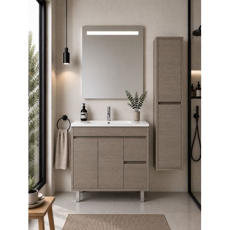 Meuble de salle de bain avec vasque ORIGENBATH ISQUIA sans miroir 70x40 cm chêne smoky avec colonne