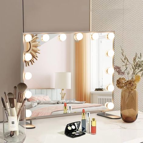 COSTWAY Hollywood Spiegel mit 14 dimmbaren LED-Leuchten, 3 Lichtfarben, 2-in-1 Tischspiegel & Wandspiegel mit Metallständer, Schminkspiegel Kosmetikspiegel mit Smart-Touch-Steuerung, 50 x 18 x 43 cm (1/5)