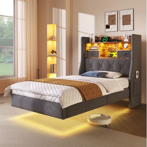 Letto singolo 90x200 cm in lino grigio con LED e contenitore senza materasso - FLORAGRACE (1/5)