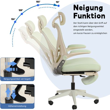 Irovami Chaise de bureau ergonomique pliable verte Assise mousse, soutien lombaire, appui-tête 3D, accoudoirs rabattables (1/5)