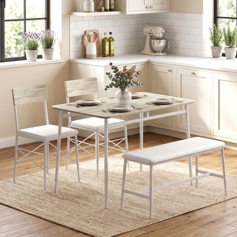 Ensemble Table Salle à Manger avec 2 Chaises et Banc, Assises Rembourrées, pour Salon, Petit Espace, Chêne et Blanc (1/5)