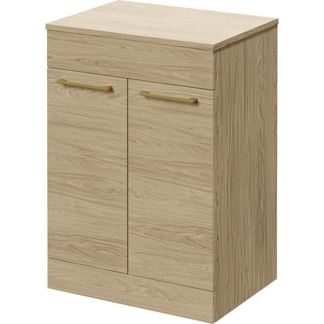 Napoli 460 Light Oak 600mm 2 Door Vanity Unit for Countertop Basins - 600mm - Brushed Brass 160mm Handle