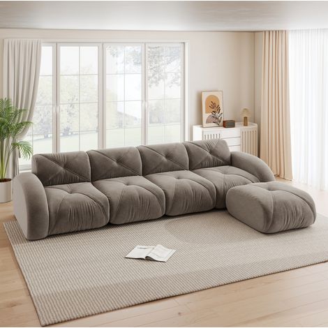 Sofá rinconera modular en L 4 plazas con puf, chenilla topo, sin montaje (1/5)