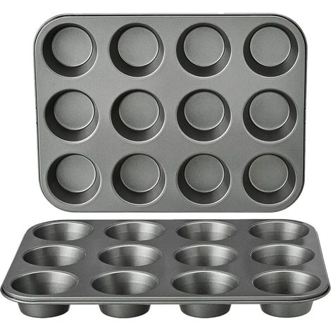Set di 2 stampi rotondi antiaderenti per muffin in acciaio al carbonio, colore grigio, (1/4)