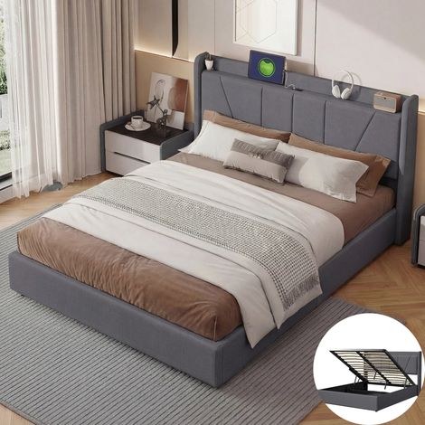 Lit 140x200 cm avec rangement et charge USB Type C - lit coffre avec sommier - tête de lit - cadre de lit - deux place - Lin Gris (1/5)